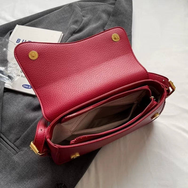 Vintage PU Leather Crossbody Bags for Women Red Lychee Pattern Flap Shoulder Bag Simple Fashion Satchels Handbags and Purses
