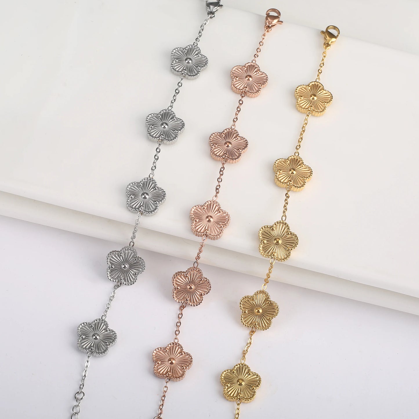 Elegant Adjustable Stainless Steel Clover Bracelet with Five Leaf Flower Design - Perfect Jewelry Gift for Women and Girls at Parties